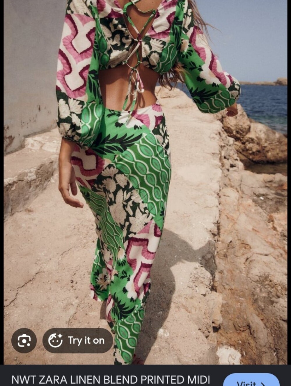 Zara Green Floral & Pink Tropical Linen Maxi Dress Resort Summer Vacation - Picture 4 of 8